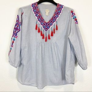 Chico’s Embroidered Striped Top Beaded Tassels Size Chico’s 3 XL 16